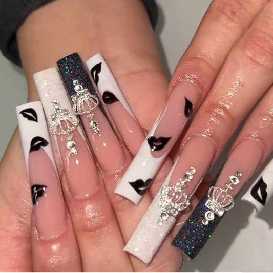 Ballet Black and White Lip Print Crown Rhinestone Press-On Nails