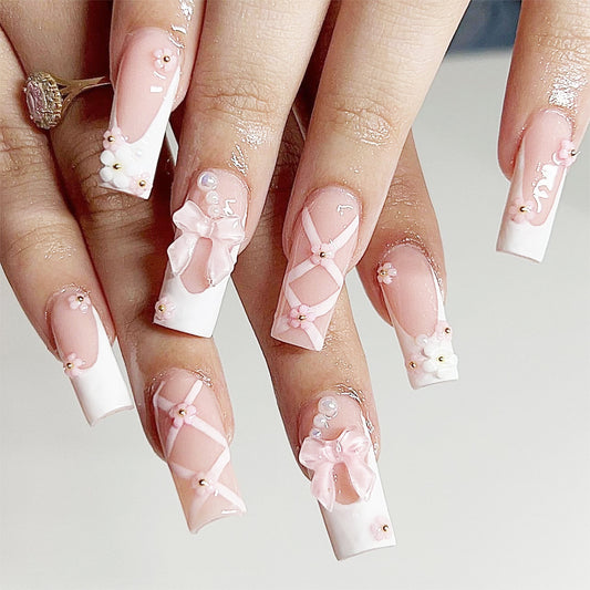 Cute Pink Press-On Nails with Bow and Long Flower Nail Stickers