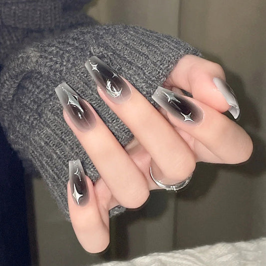 Dark French Style Press-On Nails with Silver Moon and Stars Design, Medium Length, INS Trend