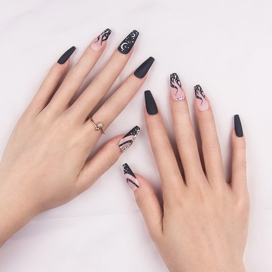 European and American Style Press-On Nails with Starry Sky, Flames, and Dark Aesthetic Design