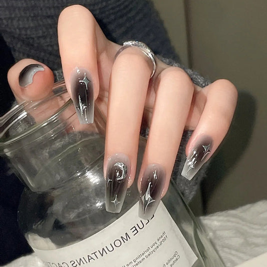 Dark French Style Press-On Nails with Silver Moon and Stars Design, Medium Length, INS Trend