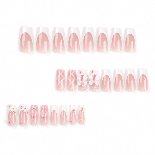 Cute Pink Press-On Nails with Bow and Long Flower Nail Stickers