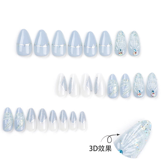 Cool-Toned 3D Water Drop Shell Almond-Shaped Fake Nails