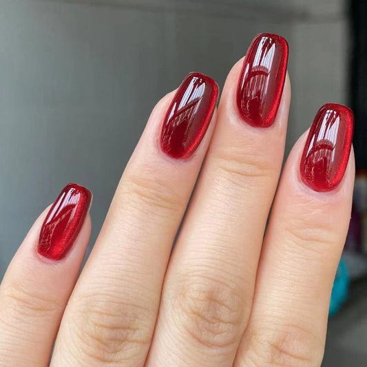 Cat Eye Red Solid Color Short Simple Removable Press-On Nails