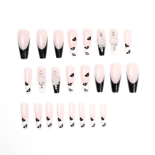 Ballet Black and White Lip Print Crown Rhinestone Press-On Nails