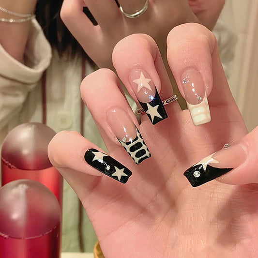 Black and Cream Color-Block French Style Press-On Nails with Milky White Star Rhinestones