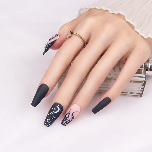 European and American Style Press-On Nails with Starry Sky, Flames, and Dark Aesthetic Design