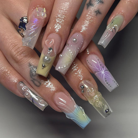 French 3D Iridescent Butterfly Square Nail Art