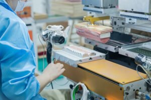 Lavara technician operating nail production machinery in a clean workshop environment.