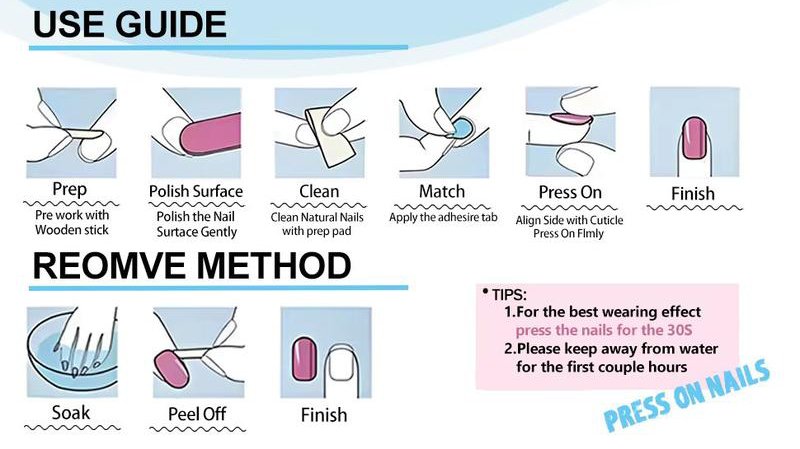 Step-by-step guide showing how to apply and safely remove Lavara handmade press-on nails